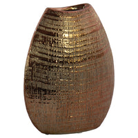 Ceramic Biconvex Crescent Ribbed Design Vase, Distressed Copper Finish