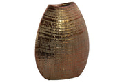 Ceramic Biconvex Crescent Ribbed Design Vase, Distressed Copper Finish