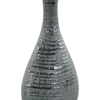 Ceramic Trumpet Mouth Bellied Oval Long Neck Vase In Ribbed Distressed Silver Finish
