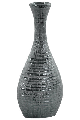 Ceramic Trumpet Mouth Bellied Oval Long Neck Vase In Ribbed Distressed Silver Finish