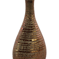 Ceramic Trumpet Mouth Bellied Oval Long Neck Vase In Ribbed Distressed Copper Finish
