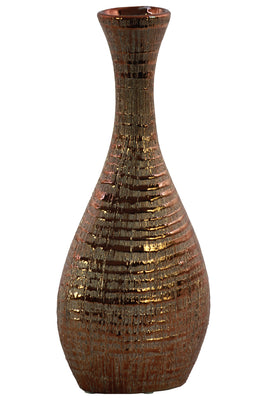 Ceramic Trumpet Mouth Bellied Oval Long Neck Vase In Ribbed Distressed Copper Finish