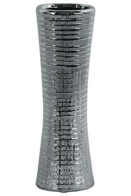 Ceramic Trumpet Mouth And Flared Bottom Ribbed Vase, Distressed Silver Finish