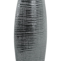 Ceramic Tall Ribbed Bellied Oval Vase With Tapered Botttom, Distressed Silver Finish