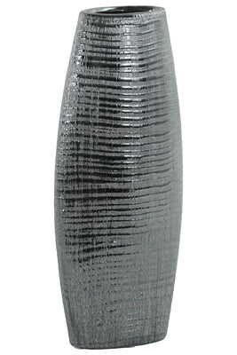 Ceramic Tall Ribbed Bellied Oval Vase With Tapered Botttom, Distressed Silver Finish