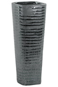 Ceramic Tall Tapered Bottom Ribbed Design Vase, Distressed Silver Finish