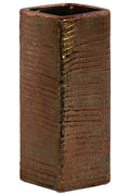 Ceramic Tall Square Ribbed Design Vase In Distressed Copper Finish