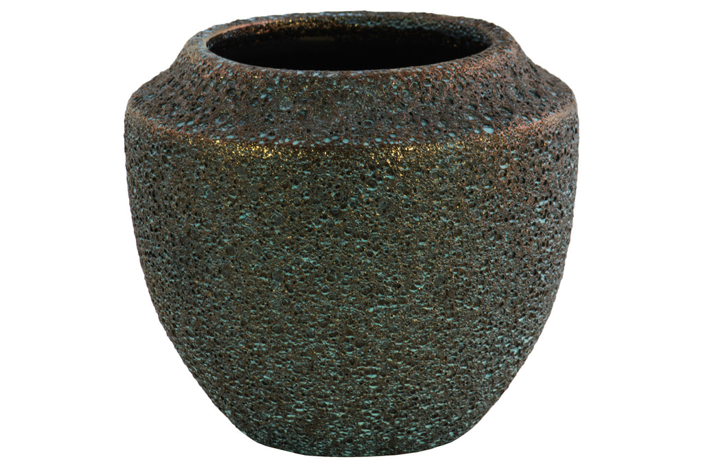 Ceramic Round Tapered Bottom Vase In Volcanic Glaze Finish, Large, Turquoise