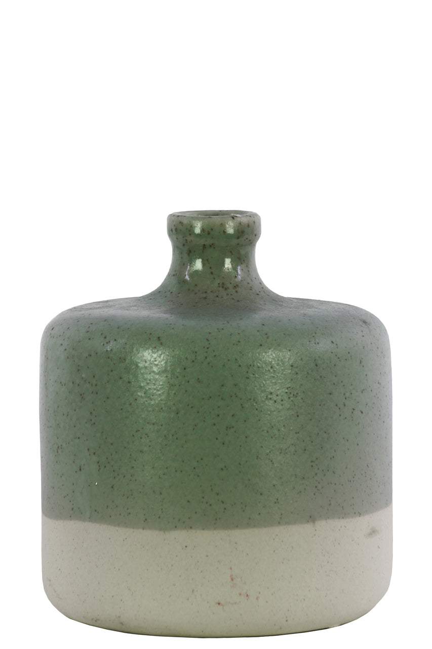 Ceramic Round Narrow Neck White Banded Rim Bottom Vase, Small, Green