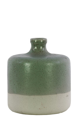 Ceramic Round Narrow Neck White Banded Rim Bottom Vase, Small, Green