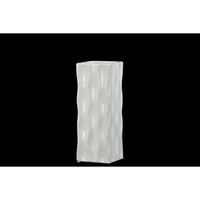 Square Shaped Ceramic Vase With Wavy Pattern, Small, Glossy White