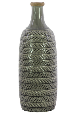 Lidded Ceramic Bottle Vase With Engraved Parallel Design, Large, Light Gray