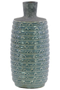 Ceramic Bottle Vase With Engraved Bubble Pattern, Large, Turquoise Blue