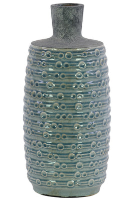 Ceramic Bottle Vase With Engraved Bubble Pattern, Large, Turquoise Blue