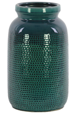 Cylindrical Ceramic Vase With Perforated Pattern, Large, Turquoise Blue