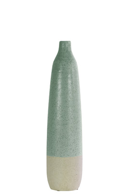 Ceramic Bottle Vase With Cream Banded Rim Bottom, Green