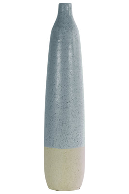Ceramic Bottle Vase With Cream Banded Rim Bottom, Livid Blue