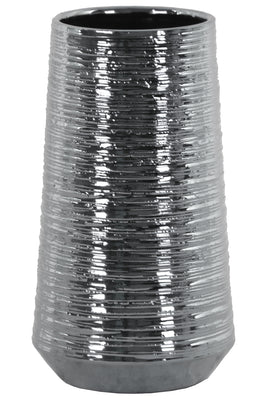 Round Ceramic Vase With Combed Design, Large, Silver