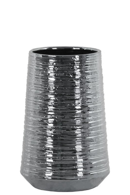 Round Ceramic Vase With Combed Design, Medium, Silver