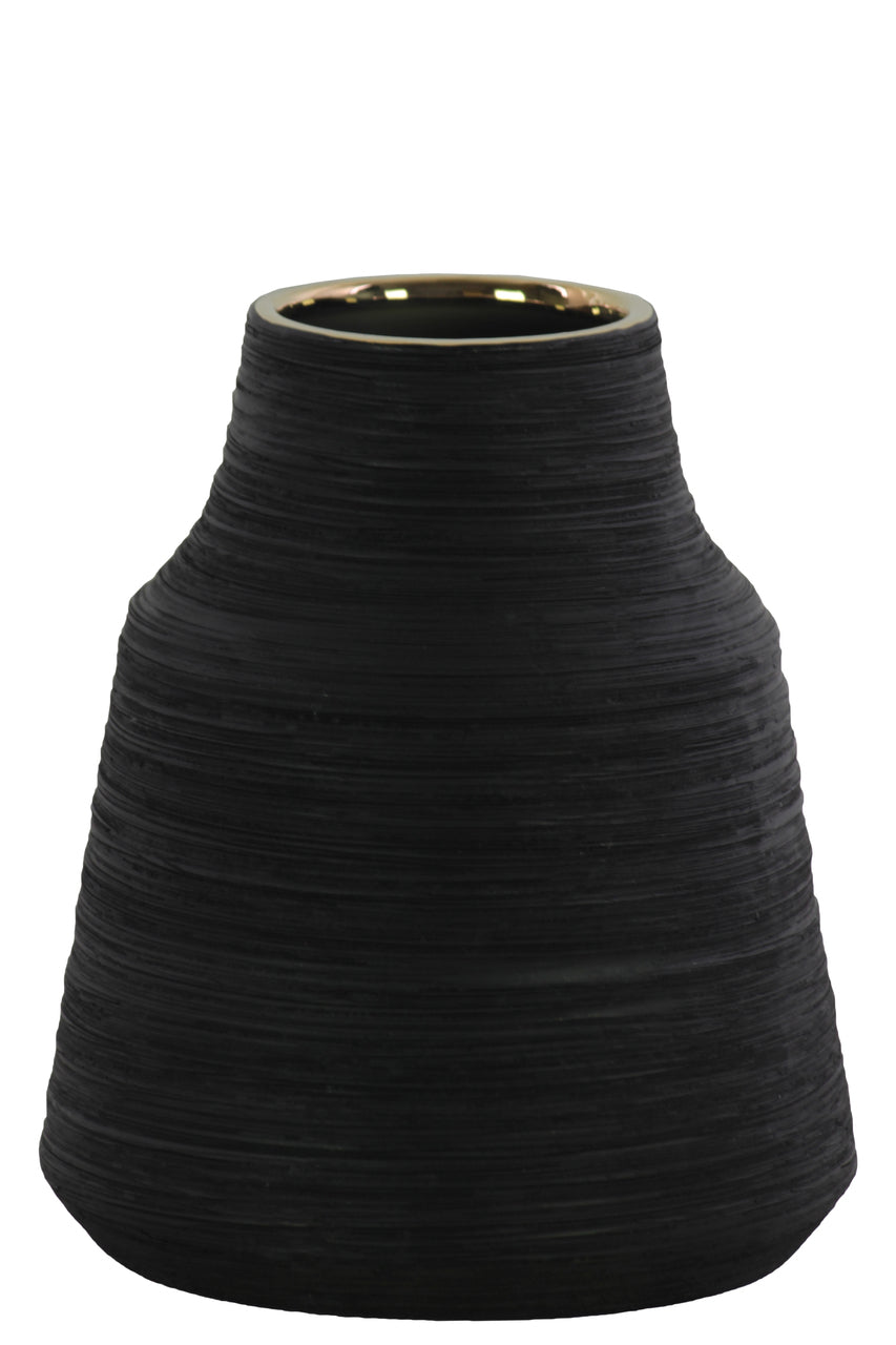 Round Ceramic Vase With Combed Design, Small, Black