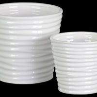 Horizontally Ribbed Patterned Ceramic Vase With Tapered Bottom, Set of 2, White
