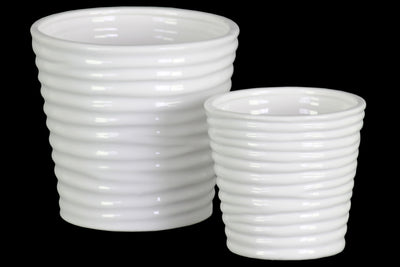 Horizontally Ribbed Patterned Ceramic Vase With Tapered Bottom, Set of 2, White