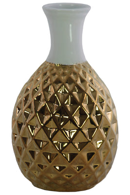 Round Ceramic Belied Vase with Engraved Diamond Pattern, Chrome Gold