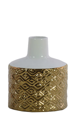 Round Ceramic Vase With Engraved Double Diamond Pattern, Small, Gold And White