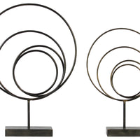Round Metal Abstract Sculpture On Rectangular Stand, Set of 2, Gunmetal Gray