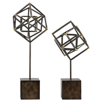 Metal Abstract Sculpture On Square Stand, Set of 2, Gunmetal Gray