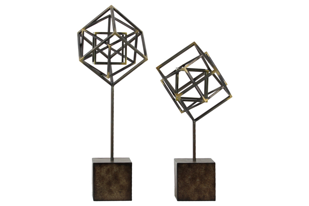 Metal Abstract Sculpture On Square Stand, Set of 2, Gunmetal Gray