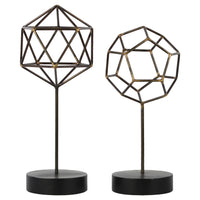 Metal Hexagonal Abstract Sculpture On Round Stand, Set of 2, Gunmetal Gray
