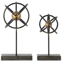 Metal Atom Table Top Sculpture On Rectangular Stand, Set of 2, Black