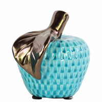 Ceramic Apple Figurine With Checkered Pattern, Turquoise Blue And Bronze