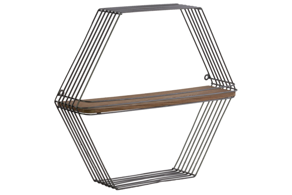 Hexagonal Shape Metal And Wood Wall Shelf, Metallic Gray