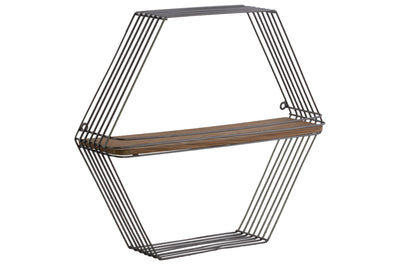 Hexagonal Shape Metal And Wood Wall Shelf, Metallic Gray
