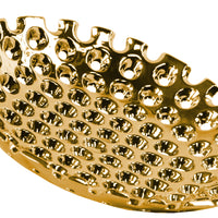 Perforated Patterned Round Concave Tray In Ceramic, Large, Chrome Gold