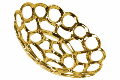 Ceramic Concave Tray With Perforated and Chainlink Pattern, Large, Chrome Gold