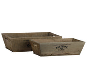 Wooden Labelled Tray With Tapered Bottom, Set of 2, Natural Brown