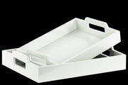 Wooden Serving Tray with Cutout Handles, Set of 2, Coated White
