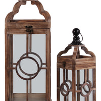 Wooden Square Lantern With Metal Round Finial Top And Circle Design, Set of 2, Brown
