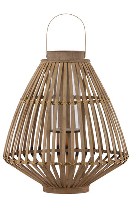 Bamboo Lattice Bellied Lantern With Hurricane Candle Holder, Large, Brown