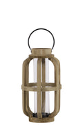 Wood Cylinder Metal Handle Lantern With Hurricane Candle Holder, Small, Brown