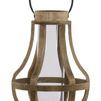 Wood Bellied Metal Handle Lantern With Hurricane Candle Holder, Large, Brown