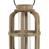 Wood Cylinder Metal Handle Lantern With Hurricane Candle Holder, Large, Brown