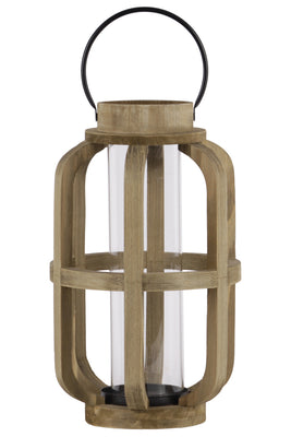 Wood Cylinder Metal Handle Lantern With Hurricane Candle Holder, Large, Brown