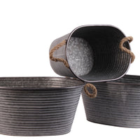 Oval Shaped Metal Planter With Ribbed Pattern, Set Of 3, Galvanized Gray