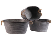 Oval Shaped Metal Planter With Ribbed Pattern, Set Of 3, Galvanized Gray