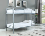 Contemporary Metal Twin Over Twin Bunk Bed With Ladder, Silver