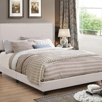 Fabric Upholstered Queen Size Platform Bed with Nail Head Trim, Ivory